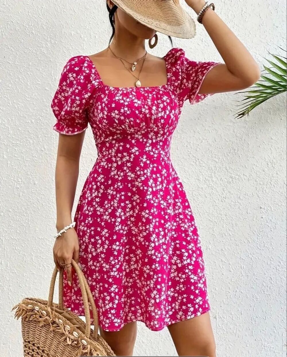 Floral Print Summer A-line Dress with Square Neck Puff Sleeves